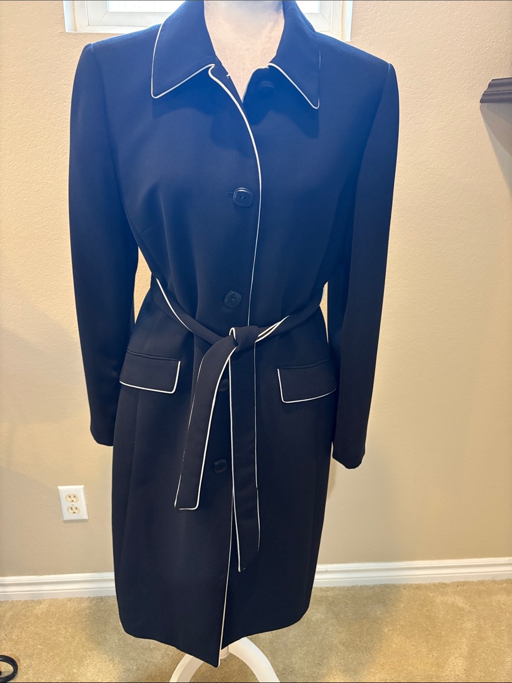Kasper Black Trench Coat with White Piping